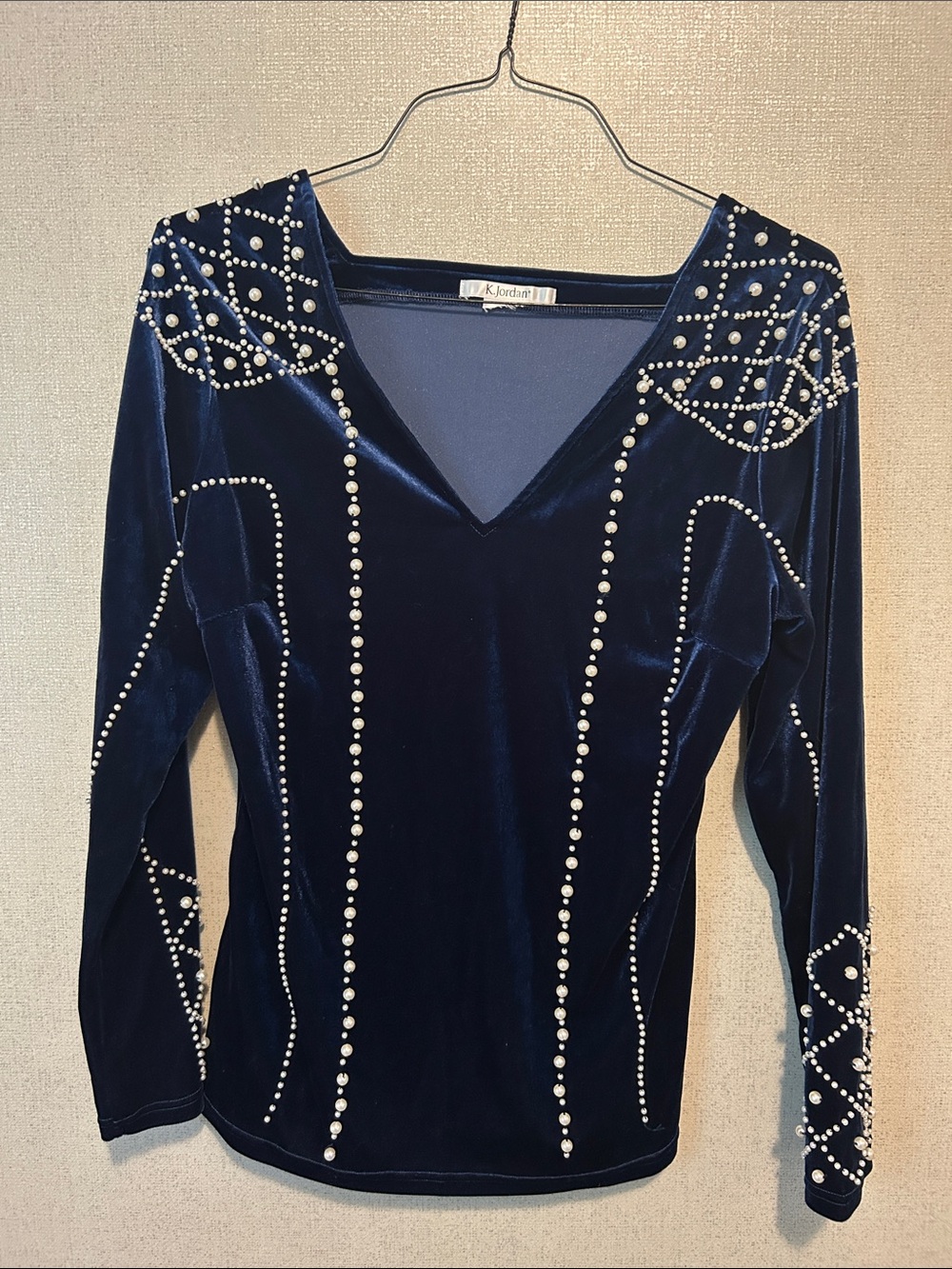 K. Jordan Navy Velvet Trim Top with Satin Label